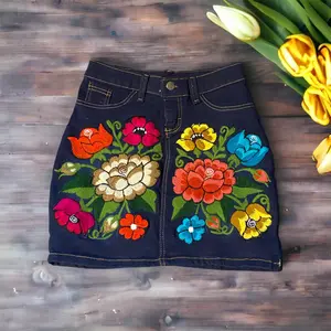 Beautiful and Unique embroidered denim (stretch) mini skirt Fashion Comfortable