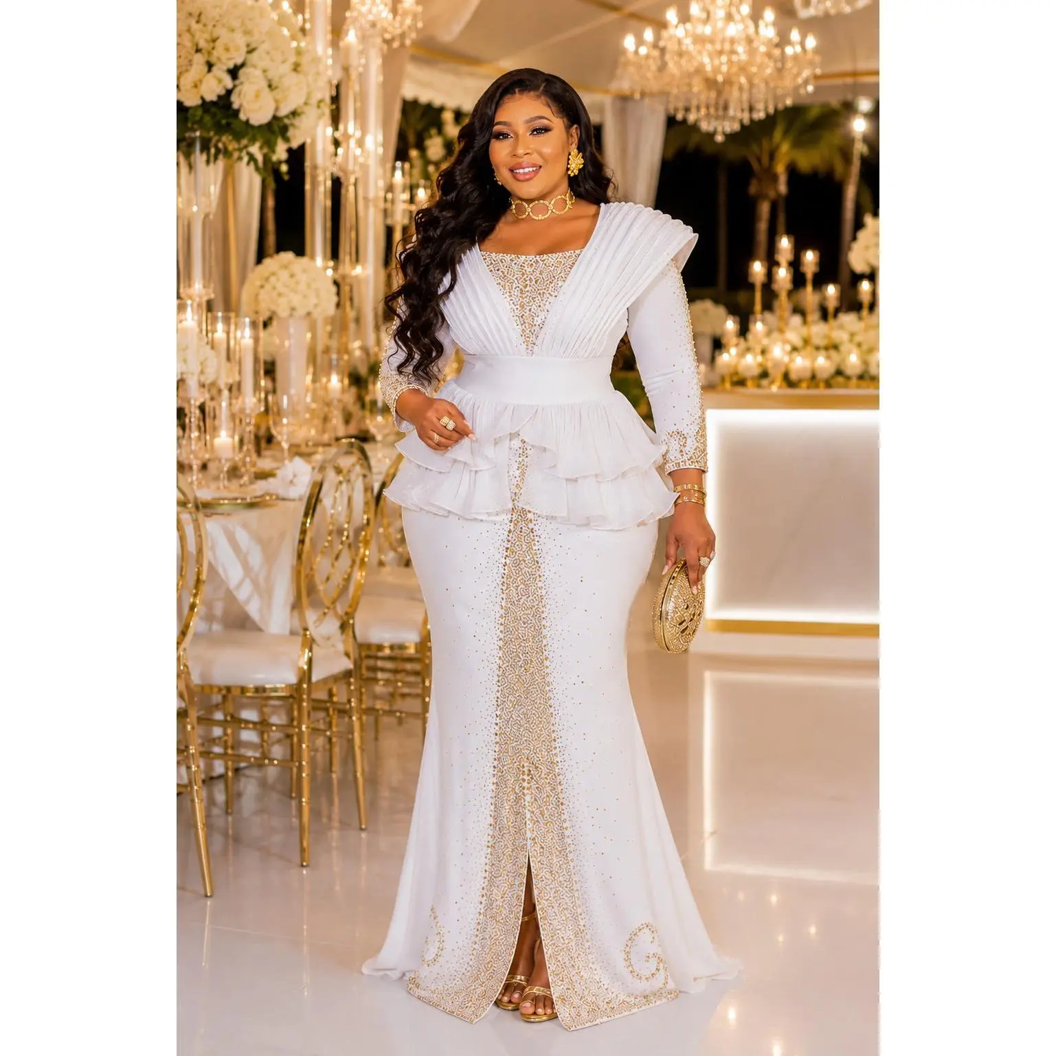Classy White Rhinestone Structured Shoulder Ruffle Peplum Stretch Maxi Dress - Mother of The Bride Birthday Party Cocktail Reception Summer Wedding Guest Outfit Plus Size Formal Evening Gown