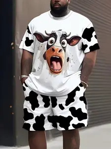 Men's Plus Size Casual Sportswear Set, Sporty Style Clothes, Fun Pattern Round Neck Knit Fabric, 100% Polyester, Slight Stretch, Loose Fit, All Seasons, Streetwear Tracksuit Set