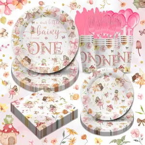 168pcs Pink Fairy Birthday Party Supplies, Suitable For Girls' 1st Birthday, Fairy Magic Theme Baby Christening Party Decoration, Disposable Plates Napkins Tablecloths - Floral Forest Garden Party Supplies