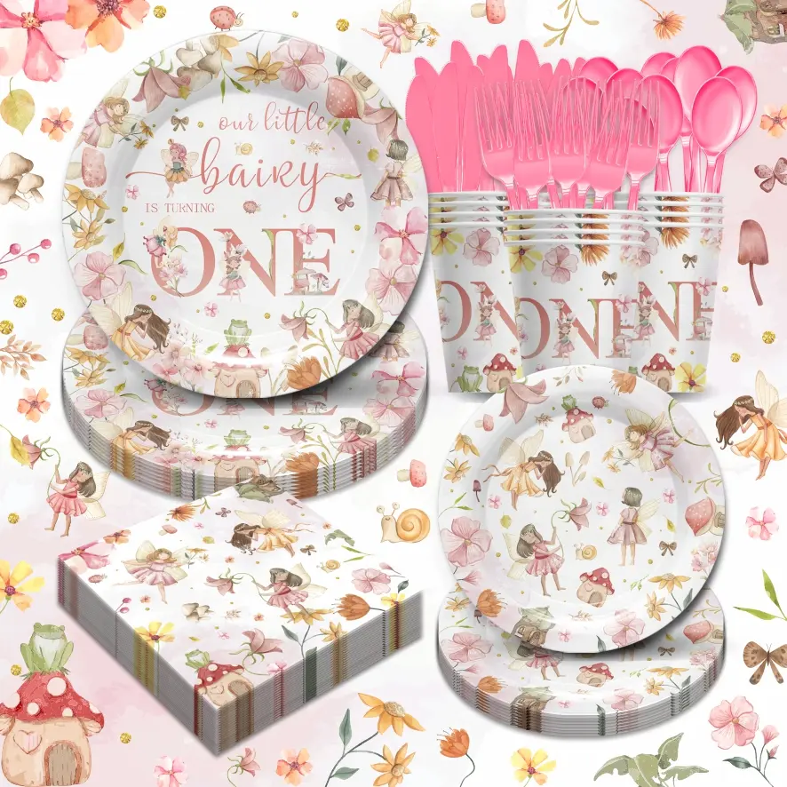168pcs Pink Fairy Birthday Party Supplies, Suitable For Girls' 1st Birthday, Fairy Magic Theme Baby Christening Party Decoration, Disposable Plates Napkins Tablecloths - Floral Forest Garden Party Supplies