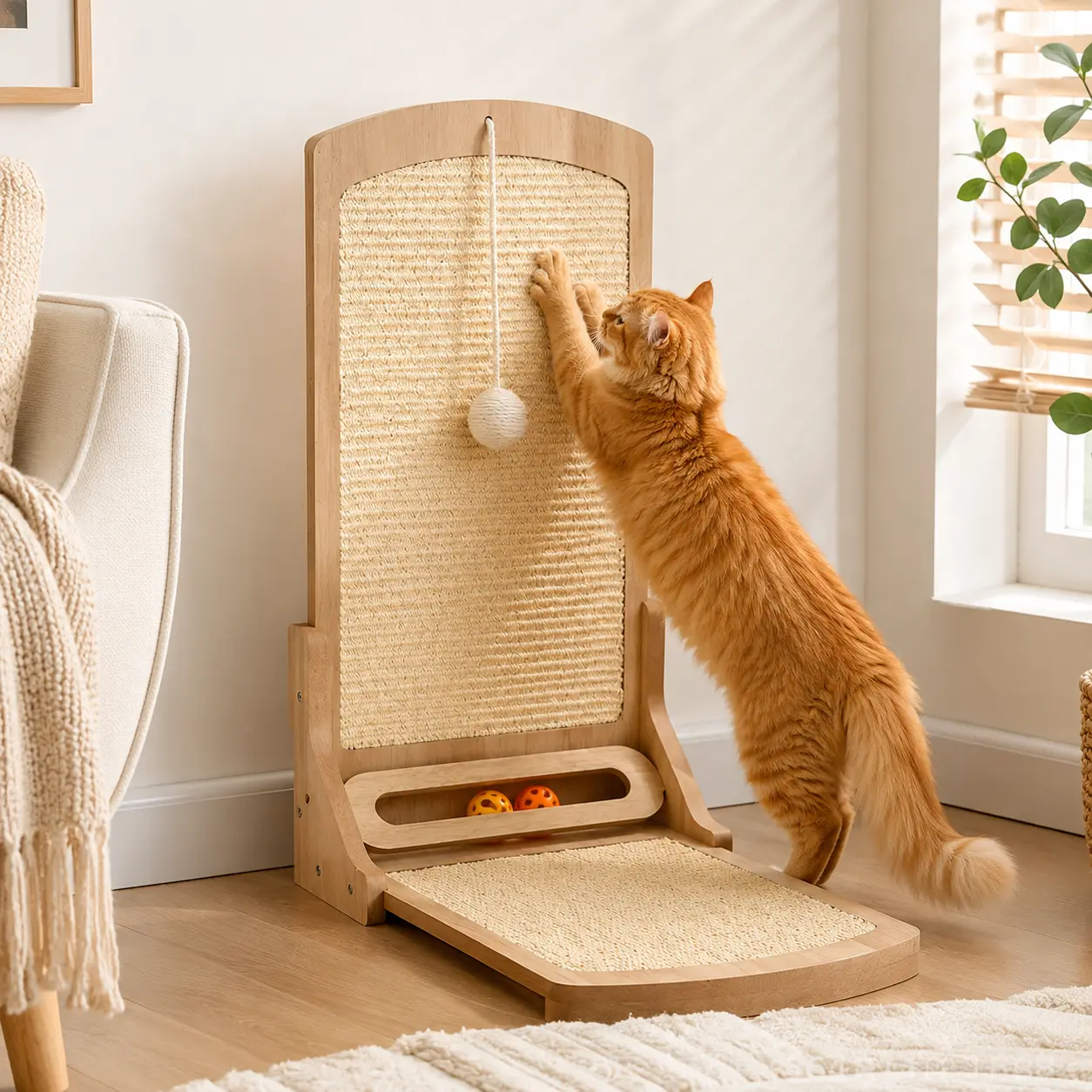Cat Scratcher Ramp for Indoor L-Shape Solid Wooden Vertical Cat Scratching Post. Natural Sisal Cat Scratch Pad. Sturdy Beech Frame. Moisture-Resistant Cat Furniture
