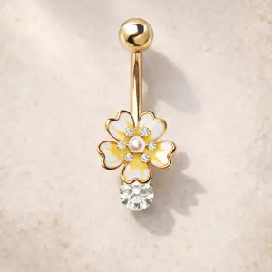 Gold Plated Jeweled White Flower Navel Ring