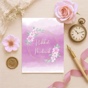 Minaret Collections Nikkah Mubarak Islamic Card with Elegant Floral Design and Purple Gradient Background, 5x7 Folded Wedding Greeting Card for Muslim Couples with Quran Verse & Dua Inside, Envelope Included