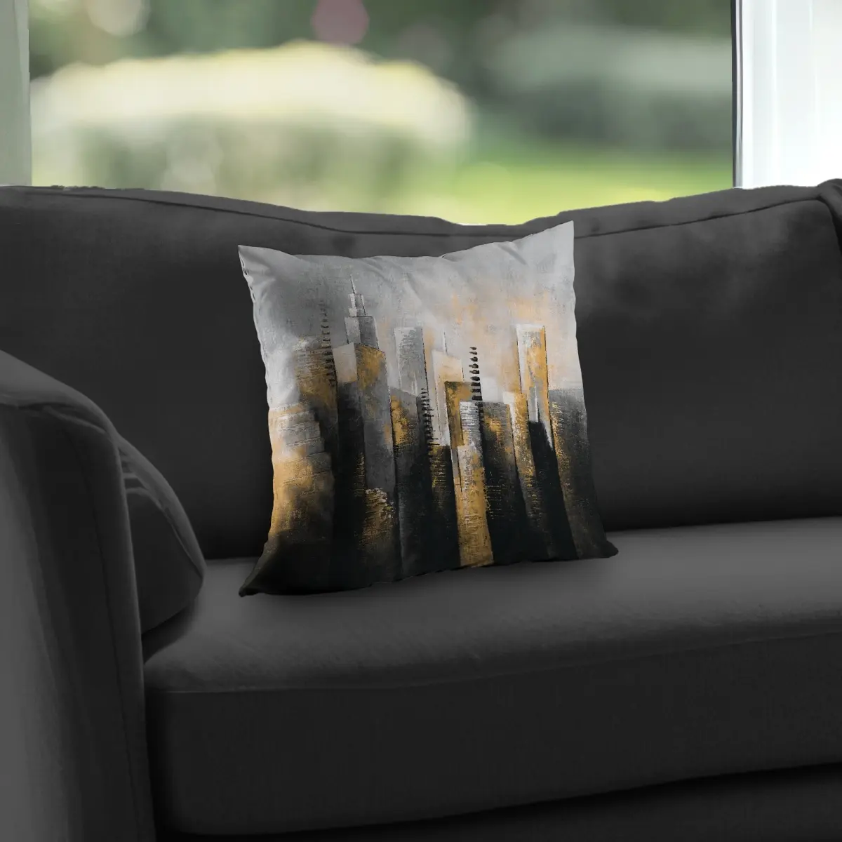 360 Stand 14x14 in. Abstract Gold Skyscraper Art Throw Pillow, Durable Gray Poly Twill Home Decor with Modern Elegance for Living Room, Bedroom, 14-Inch Standard Pillows, Abstract Geometric Design Standard Pillows