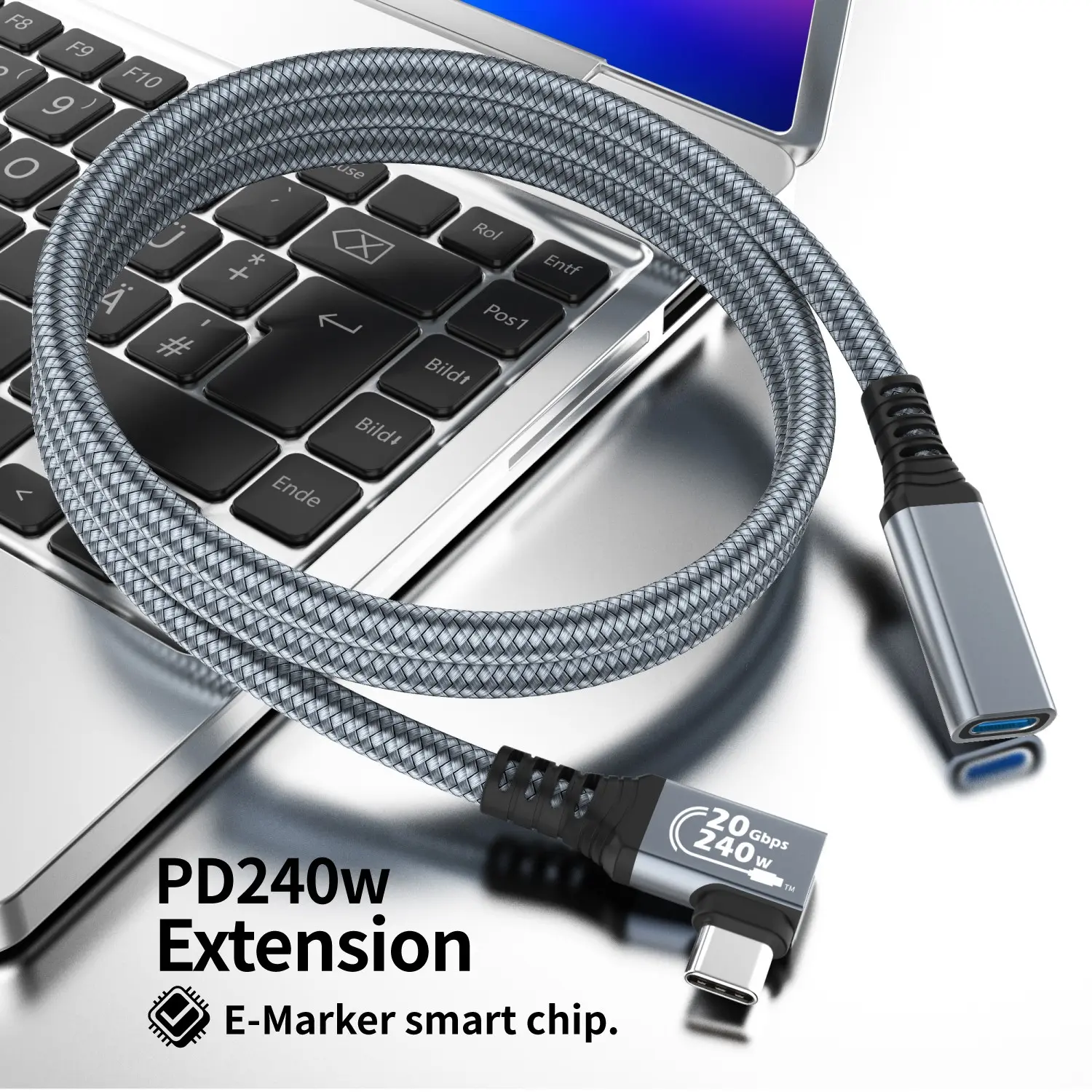 Usb3.2 Right Angle 90 Degree Extension Cable 3 Feet, USB C Male to Female, 20gbps Data Transfer, 240w Fast Charging, for Smartphone, iPhone 15 Pro Max, Macbook, Dell Xps, Multifunctional Charging Cable