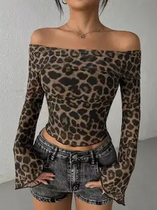 Off-Shoulder Leopard Print Mesh Puffy Sleeve Short T-Shirt, Stylish Summer Top for Women, Casual Fashion Wear, Long Sleeve