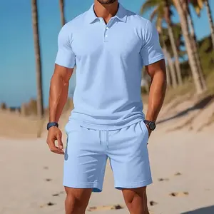 Trendy Men’s Solid - Color Two - Piece Casual Polo Shirt & Drawstring - Waist Shorts Set! Casual Collared Top & Athletic - Pocket Shorts, Full Men’s Outfit, Summer Men’s Casual Suit—a Must - Have!, Menswear