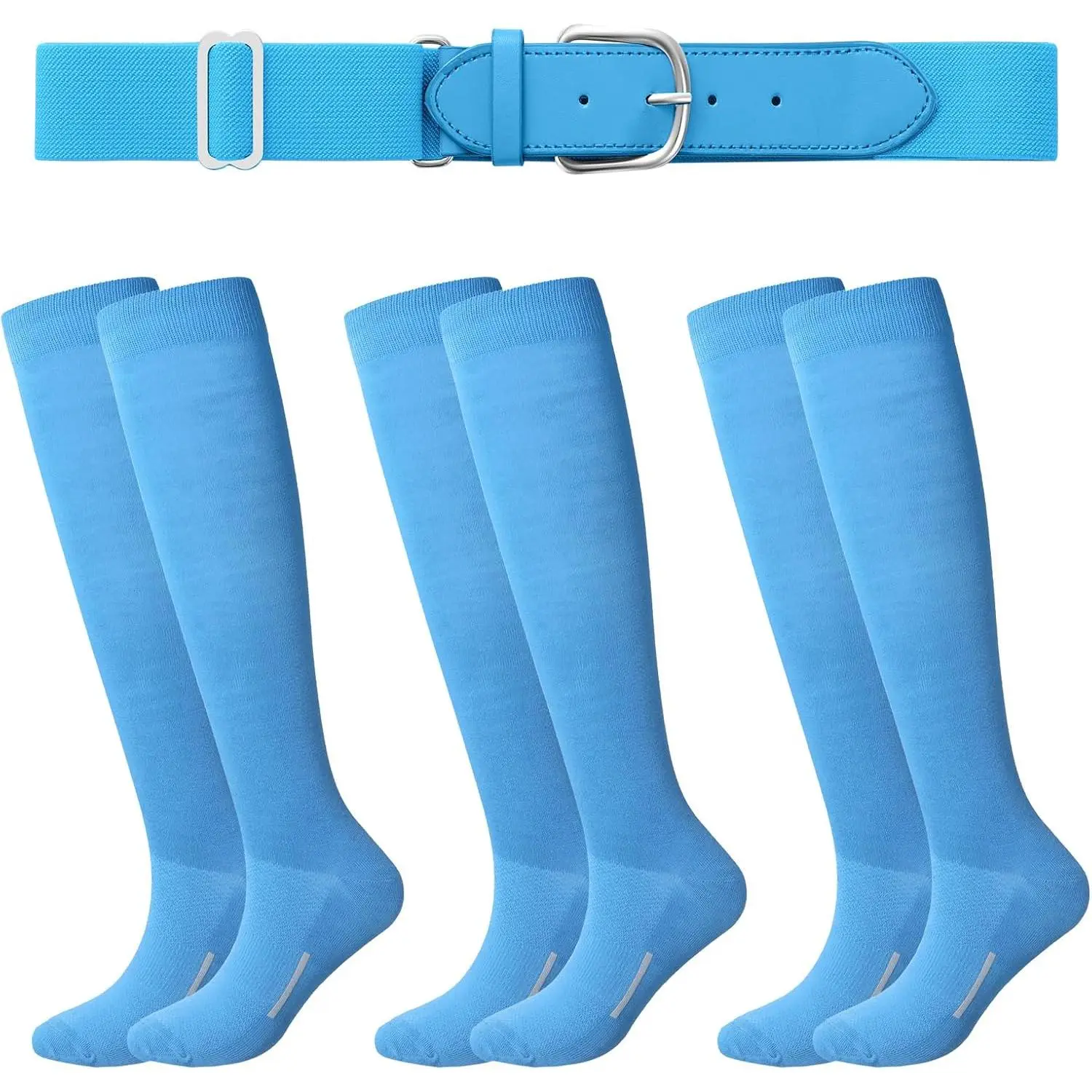 Baseball & Softball Sock and Belt Set | 3 Pairs Calf High Elastic Blend Socks & Adjustable Faux Leather Belt for Youth, Children & Adults | Multi-Size, Machine Wash, Minimalist, 12 - 13 Years, Unisex Kids, All Seasons, Daily Exercise, Cotton, Enhance Rela