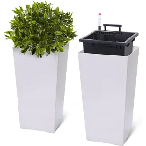 22.4 in Tall Planter Set of 2 Indoor and Outdoor Black Taper Planters with Shelf Insert, Self-Absorbing Plastic Flower Pots, Water Level Gauge and Monitoring, Automatic Watering System