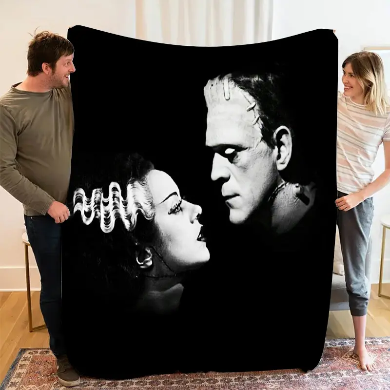 Retro Vintage Frankenstein & Bride Horror Icons Collectibles Flannel Blanket - 280GSM Soft, Fading-Proof, Wrinkle-Resistant Throw - Black & White Classic Design - All-Seasons Couch Use - Halloween Gift for Horror Fans