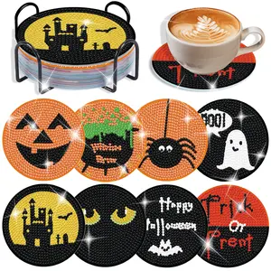 8-piece 5D Diamond Art Kit, Halloween DIY Diamond Painting Coasters, with tool kit, storage rack, and cork mat, suitable for adult craft enthusiasts.