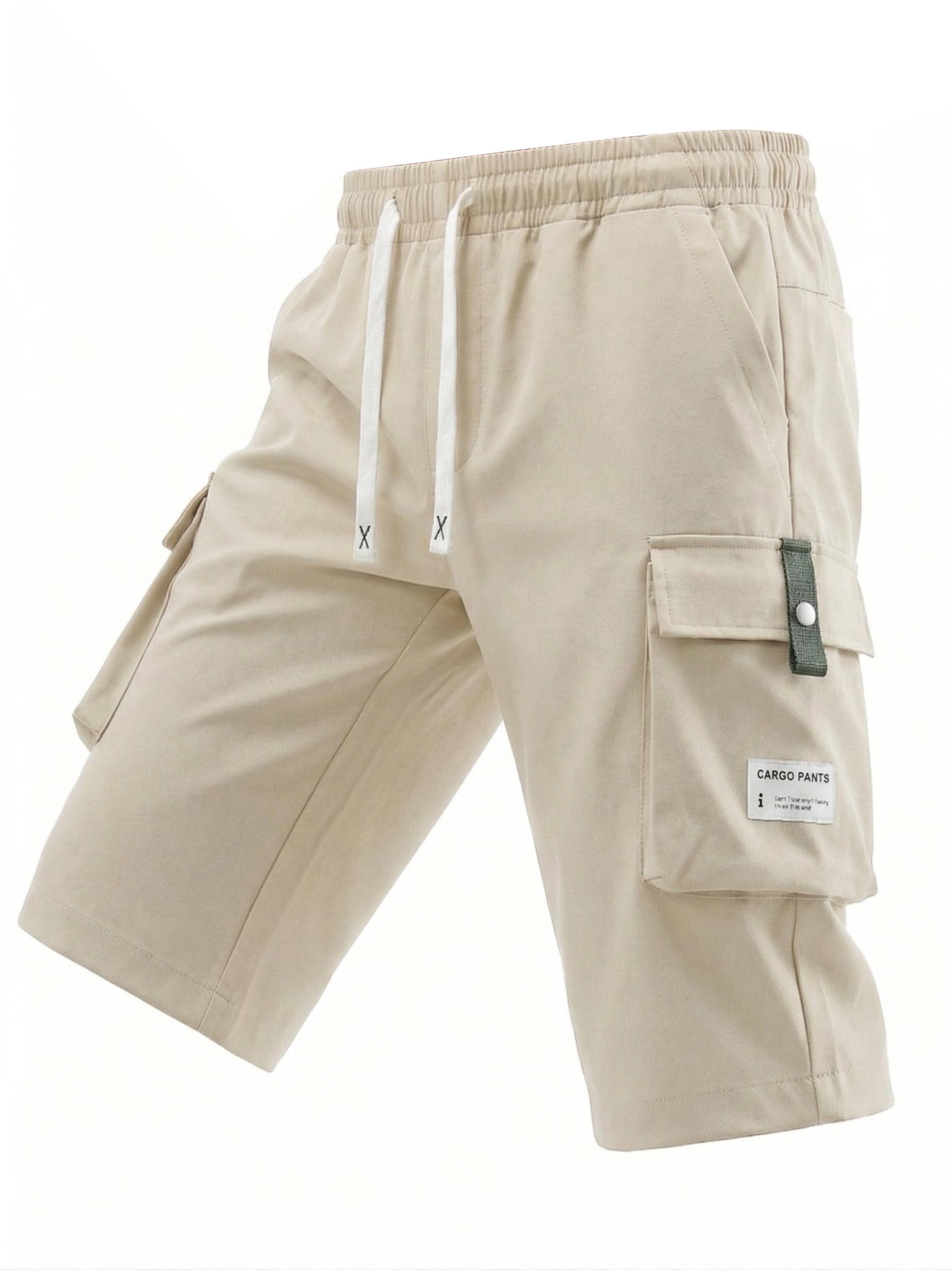 Men's Summer Casual Cargo Shorts - Elastic Drawstring Waist, Multiple Pockets & Letter Patch Design, Regular Fit Mid-Rise Non-Stretch Fabric for Daily Wear & Leisure Activities, Nontransparent Fabric