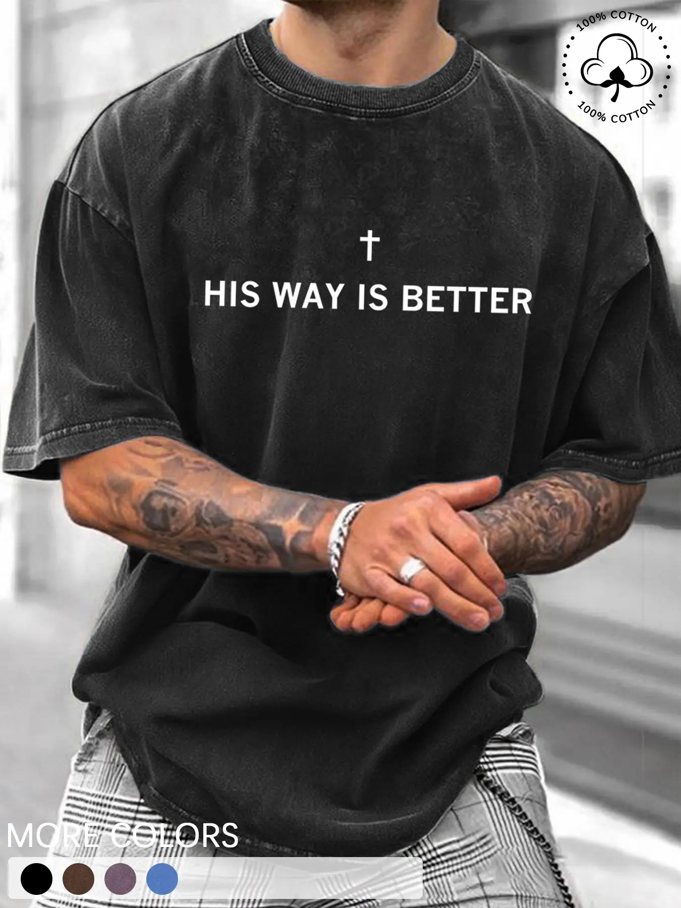 One Men's Black 100% Cotton T-Shirt with "His Way Is Better", Cross and Geometric Print, Faith-Based Design for Christian Believers in Church Services and Daily Life