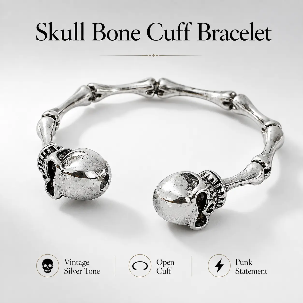 Vintage Gothic Skull Cuff Bangle - Silver Gothic Motif Bracelet, Adjustable Biker Accessories, Ideal Goth Gifts - MM2