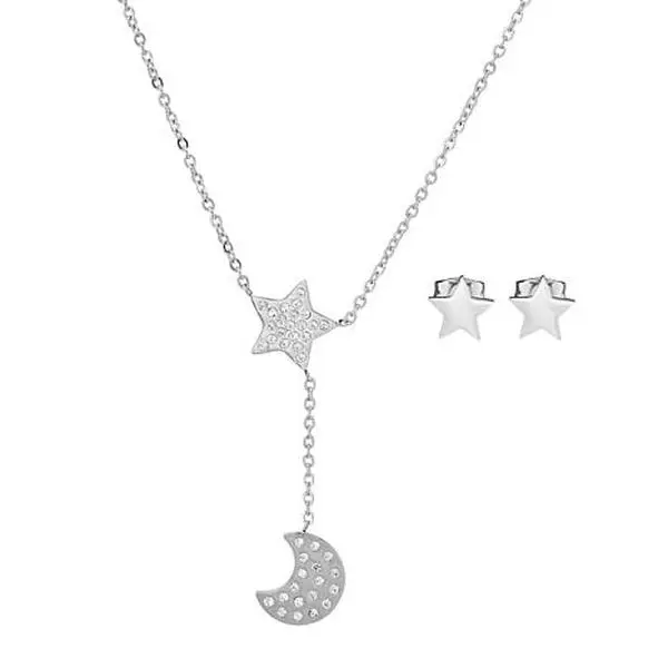 Stately Steel Moon Star CZ Necklace and Earrings