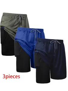 3-pack men's 2-in-1 double-layer running sports shorts, made of medium-stretch polyester in solid color, loose fit, with inner pocket, suitable for basketball, fitness, and training, Athletic Shorts