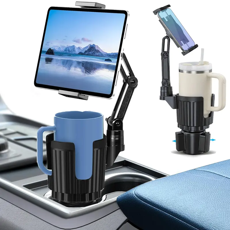 Cup Holder Car Tablet Mount for Truck, 360° Adjustable 16" Long 2-Arm Stand Holder for iPad Pro 12.9/11/10.5/9.7/Air/Mini 6/5/4, Galaxy Tab/Z Fold 6/5/4, iPhone 17/16/Pro, 4.7-12.9" Tab &Phone