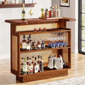 Tribesigns Rattan 4-Tier Home Bar Unit with Stemware Racks and Heightened Base, Farmhouse Style Mini Bar Table, Caramel Brown Metal Organiser  with Easy Installation