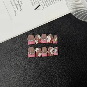 Hailey's square white flower pink french tips luxury acrylic handmade press on nails A15
