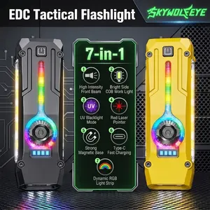 Professional Multipurpose Flat EDC Flashlight, 12 Modes Slim Pocket Torch with Red Laser & 365nm UV Light, Stepless Dimming, Magnetic Base & Bi-directional Clip, USB-C Rechargeable Tactical Light for Men, Camping, Car Repair