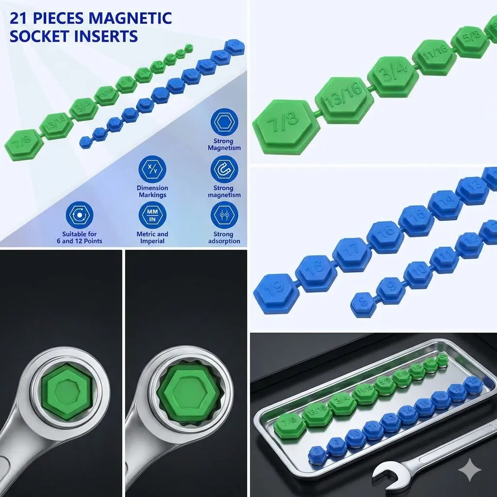 ZKTOOL 21-Piece Color-Coded Magnetic Snap-In Hexagon Socket Tool Kit - SAE/Metric (5/16-7/8in,8mm-19mm), Magnetic Tool Holder, Hex Shape, Socket Fit, High-Visibility Markings, Durable Oil-Resistant Gearhead, Automotive Repair Bolt Retrieval