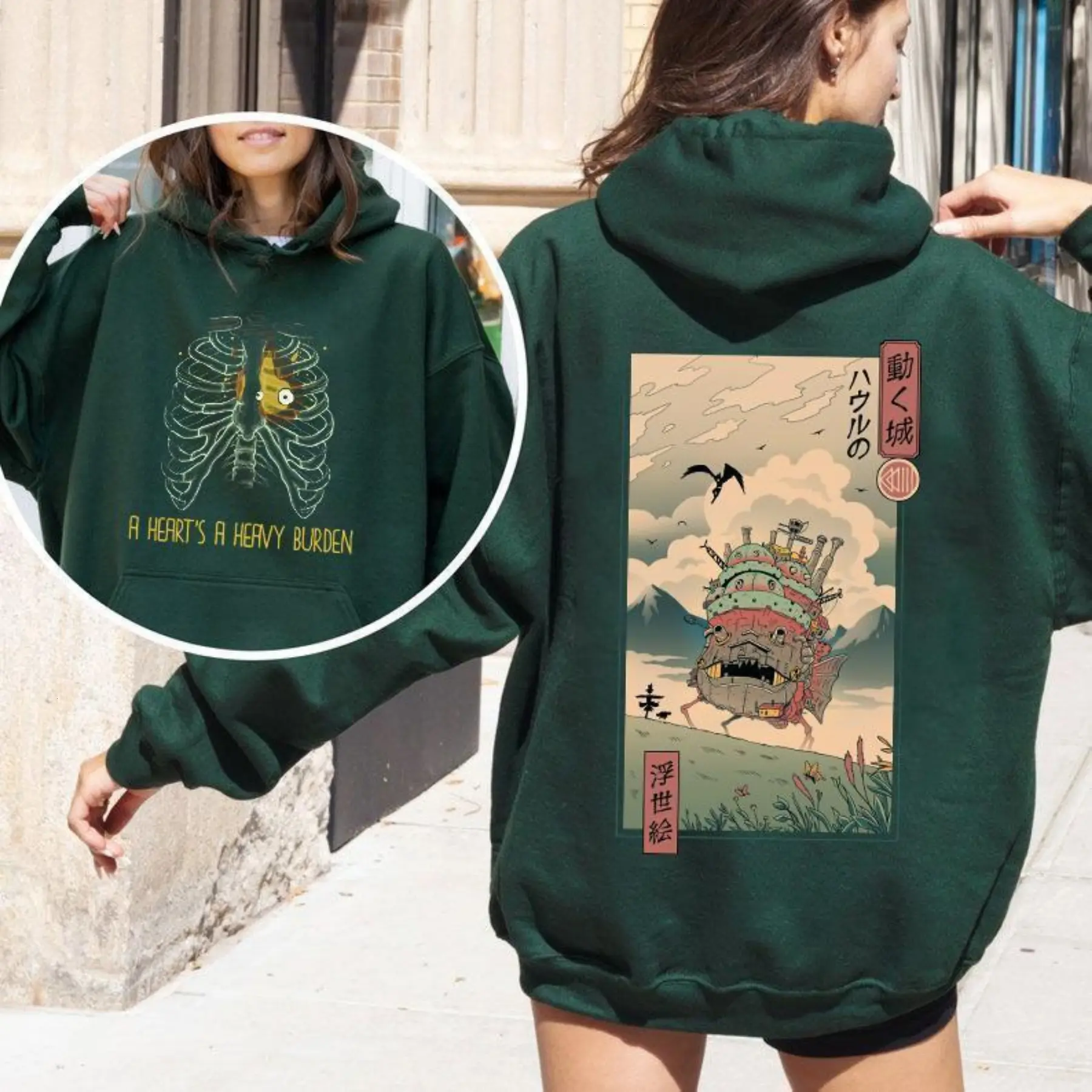 Anime Moving Castle Hoodie – Japanese Ukiyoe Style Anime Graphic Hoodie, Fantasy Castle Aesthetic Pullover, Anime Lover Gift