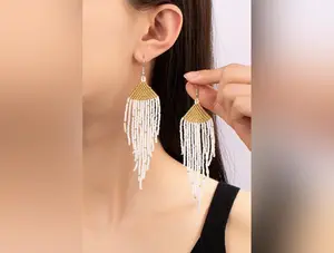 Boho long Handwoven seed bead eagle earrings