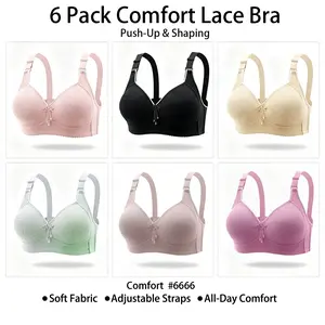 6-Piece Set! Women's Wireless Push-Up Bra, Adjustable Hook & Eye Soft Breathable Daily Versatile Lingerie