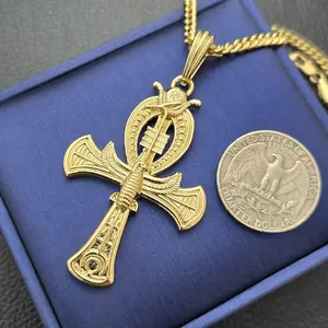 EGYPTIAN ANKH CROSS 14K GOLD PLATED PENDANT 18" 20" 24" CUBAN CHAIN BLING NECKLACE JEWELRY ACCESSORY