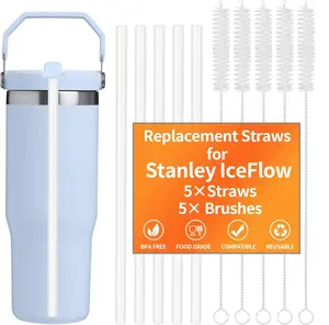 10 Pack Replacement Straw for  IceFlow 30oz/64oz Cup Tumbler, Quencher 14oz/20oz, 5 Pack  Clear Plastic Straws with 5 Pack Cleaning Brushes,  Grade, , Cut-to-Fit (8.46in)