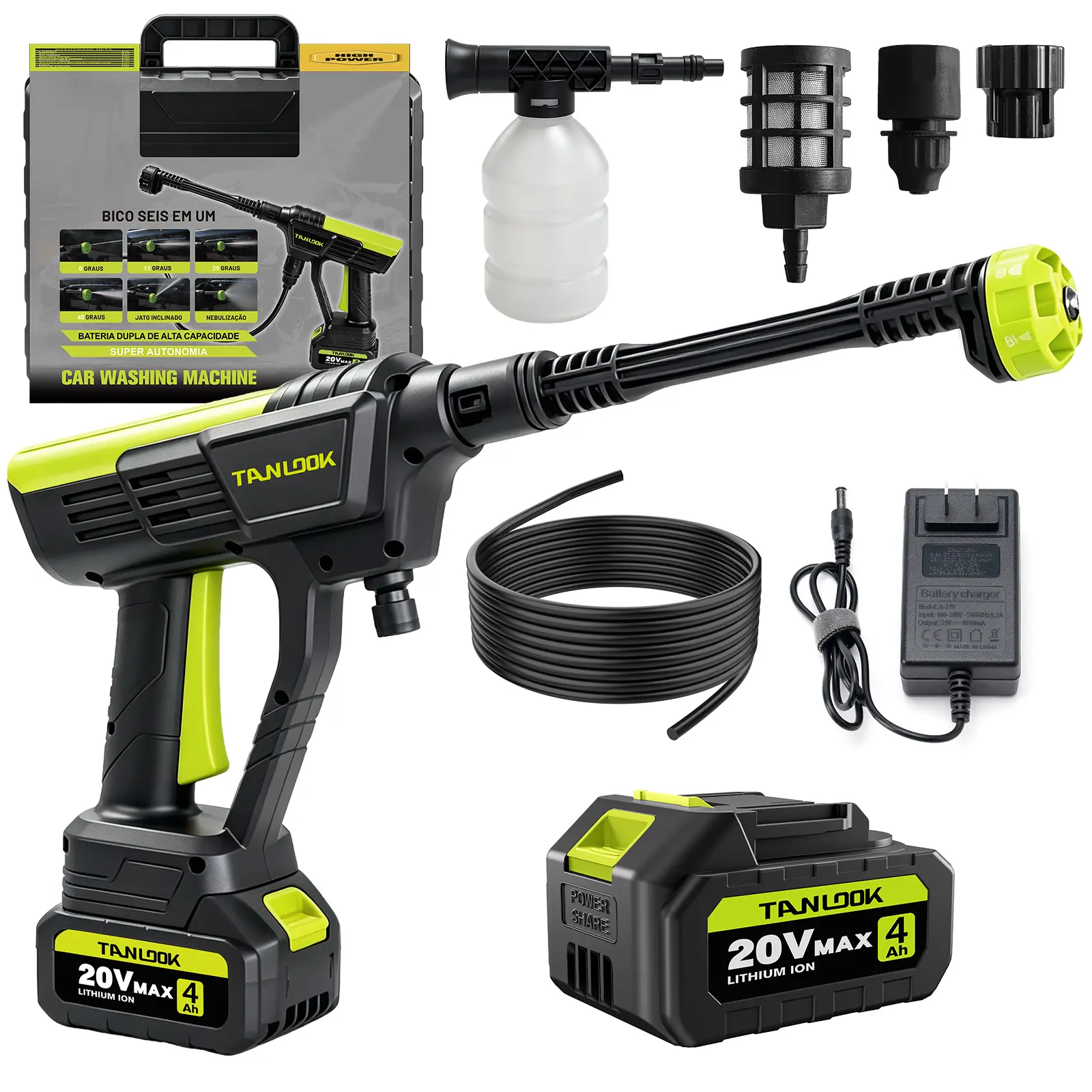 TANLOOK 20V Max Cordless Pressure Washer - Portable Battery-Powered Cleaner with 4.0Ah Lithium Batteries, Fast Charger, Self-Priming Adjustable Nozzle, Foam Pot, Lightweight for Car, Window Washing, Patio Cleaning