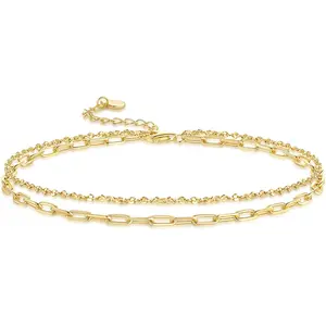 14K Gold Anklets for Women Gold Ankle Bracelets for Women Double-Layer Design Delicate Chain Stacked with Paperclip Link Anklets for Womens ankles bracelets