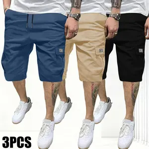 Men's 3-Piece Solid Color Cargo Shorts Set - Relaxed Fit, Multi-Pockets, Mid-Rise, Breathable, Comfortable, Durable Polyester Fabric for Everyday Summer Wear,summervibes