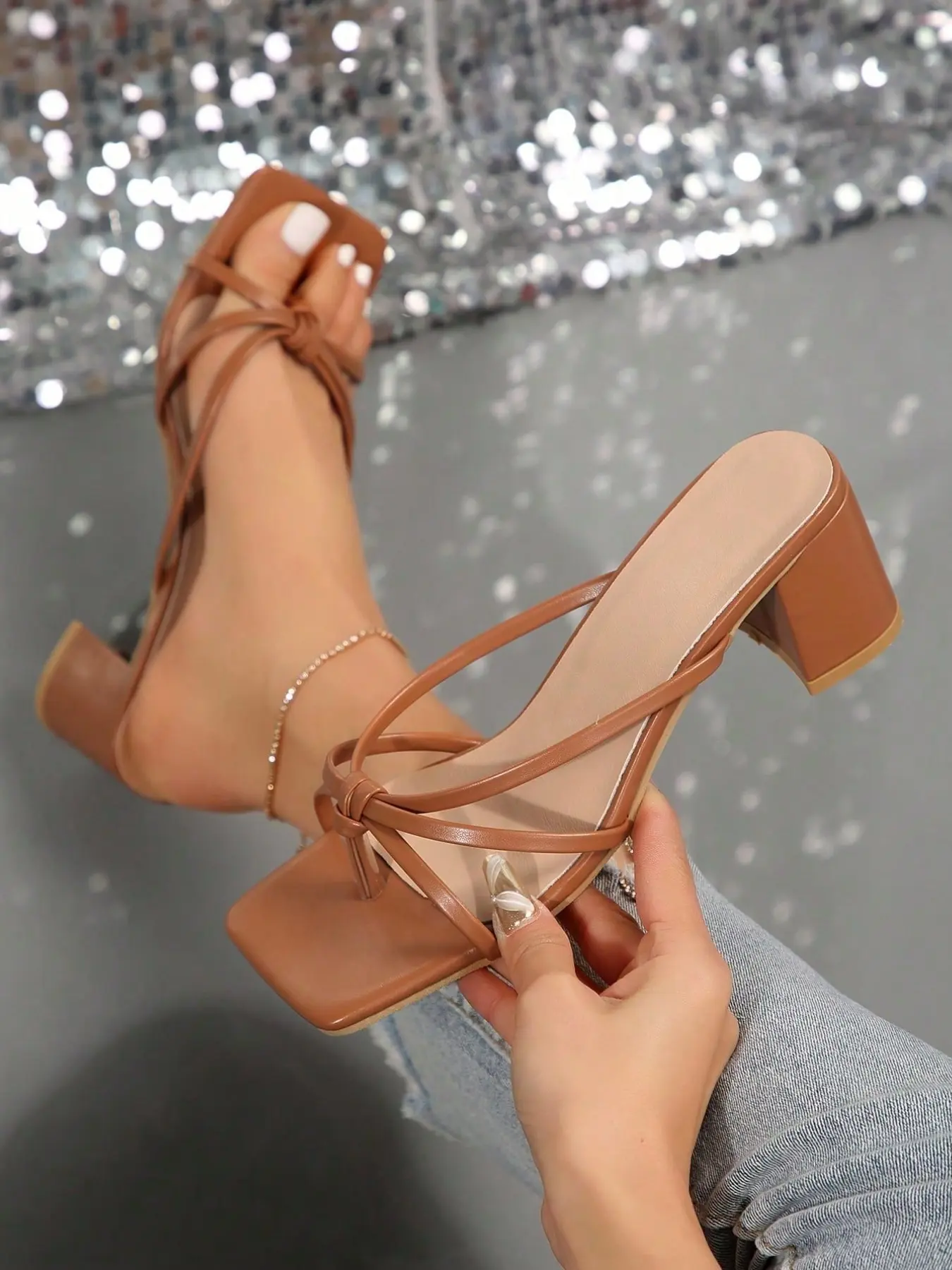 French Style Women's Thin Strap Summer Sandals, Criss Cross Design, Square Toe, PVC Sole, Medium Width, Party Shoes, Comfortable for Dates and Parties