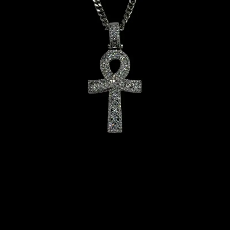 14k White Gold Plated Iced Out Ankh Necklace