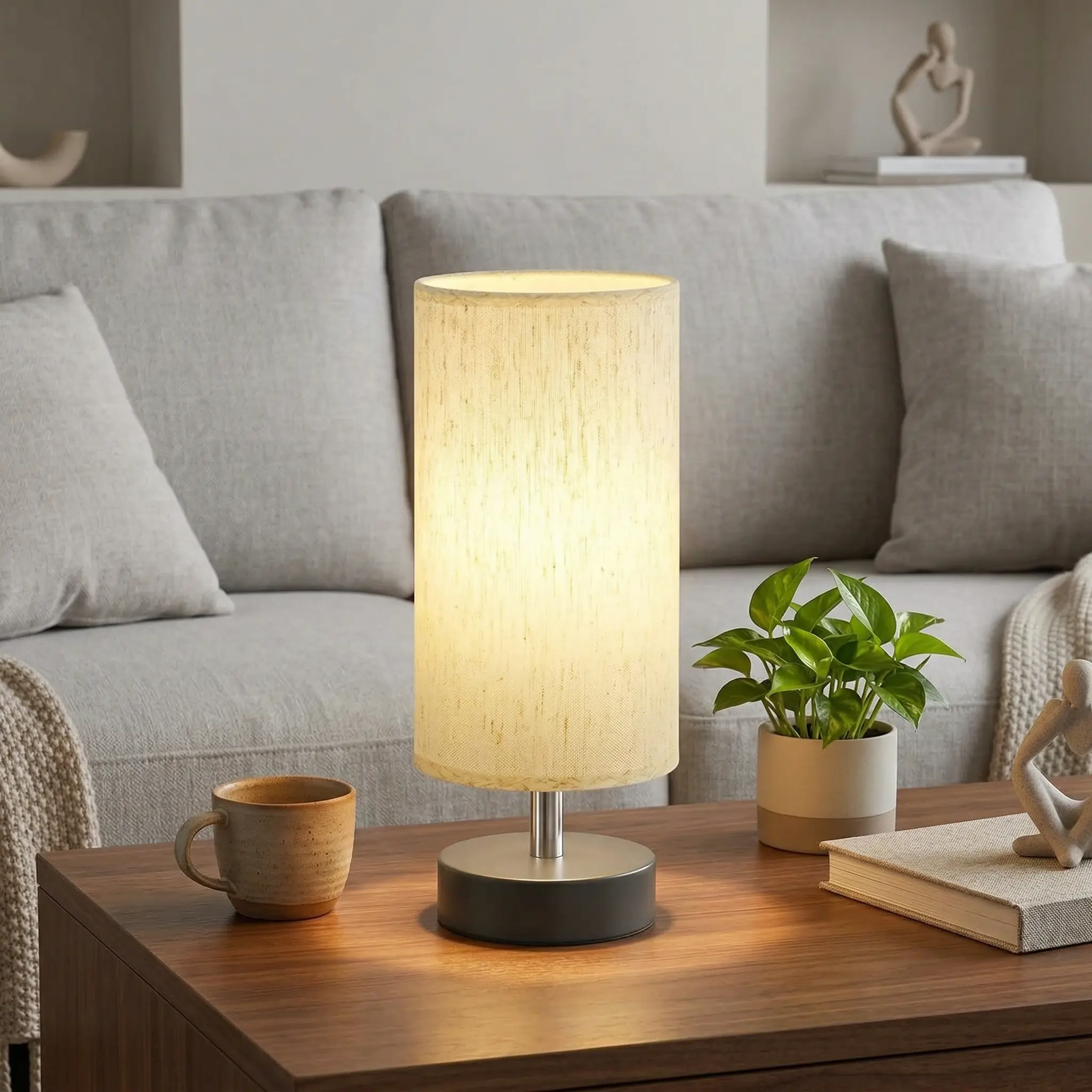 Set of 2 Nordic Minimalist Small Table Lamps - Cylinder Linen Fabric Shade, Soft Warm Light, Viral Aesthetic Decor, Great for Entertaining at Home - Ideal for Living Room, Bedroom Nightstand, Housewarming Gift for New Owners