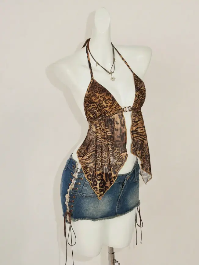 Vintage Sexy Y2k Leopard Print Backless Halter Neck Camisole With Slit Hem Cheetah Print Night Out Vacation Taupe Summer