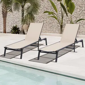 Outdoor Aluminum Chaise Lounge Chairs Set of 2 Foldable 5 Position Adjustable Lightweight Pool Beach Recliners Beige Metal