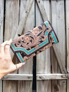 Tooled Leather & Cowhide Wallet with Turquoise Studs (The Rebel Bloom)