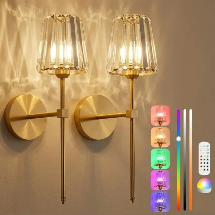 2-Pack Rechargeable Wireless LED Indoor Wall Lamps, White Fabric & Glass Shade, Remote Control, 15-Color Dimmable Adjustable Modes, 3CCT Warm/Cool Light, 335lm Bright Glow, Mood Lighting for Bedroom, Living Room Decor