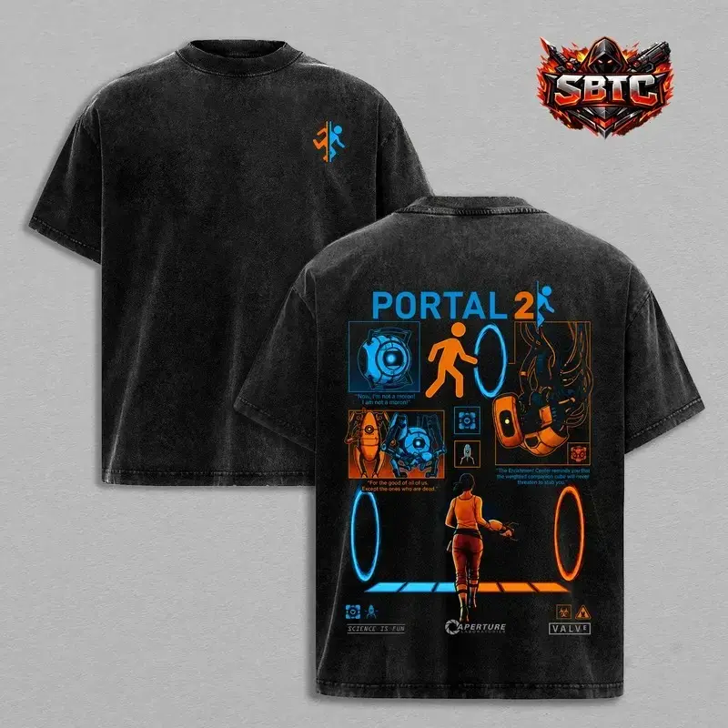 Menswear Portal 2 Washed Classic Round Neck Short-Sleeve Oversized Heavy Cotton T-Shirt, Retro Gaming Graphic Apparel, Valve Game Merchandise, Vintage Streetwear, Sci-Fi Puzzle Gamer Gift, Unisex Seamless Casual Top, Shortsleeve, Soft