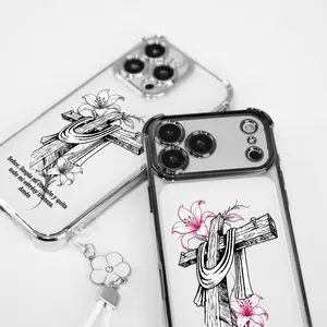 Faith over Stress Christian Cross Pattern Four Corner Anti-Fall Phone case for iPhone Samsung Galaxy 17Pro Max Air 16Plus 15 14 13 12 11 XR XS S26 S25 S24 S23 S22 cases, Transparent cover, Non-Yellowing, Shockproof Soft silicone, Gifts for girls.JL84