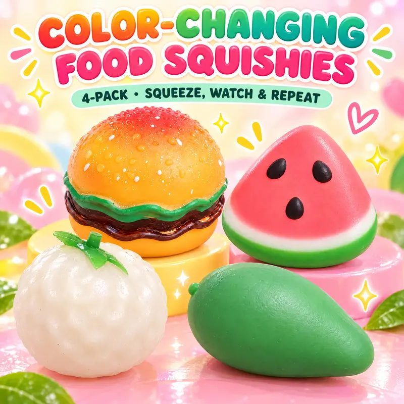 4PC Multi-Playset Squishies Toys - Boxed Unisex Stress Relief Sensory Fidget Toys with Temperature-Change Mango, UV Color-Change Strawberry, Slow-Rising Watermelon, Burger - Coping Skills for Teens Kids Gift