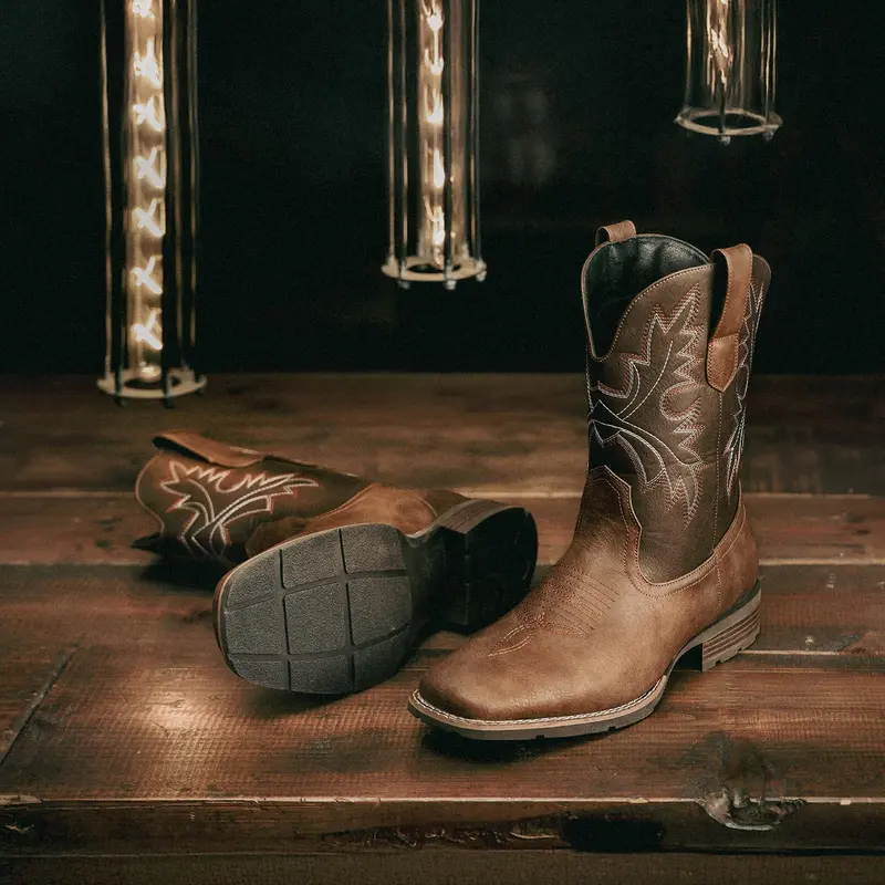 Men’s Classic Western Vintage Minimalist Casual Design Business Rodeo Cowboy Work Boots - Brown Cloth, Square Toe, Waterproof, Slip-Resistant, Rugged Safety Footwear, Slip-On, All Seasons, Ideal for Ranch Use, Fashionable Gift for Cowboy Enthusiasts