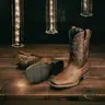 Men’s Classic Western Vintage Minimalist Casual Design Business Rodeo Cowboy Work Boots - Brown Cloth, Square Toe, Waterproof, Slip-Resistant, Rugged Safety Footwear, Slip-On, All Seasons, Ideal for Ranch Use, Fashionable Gift for Cowboy Enthusiasts