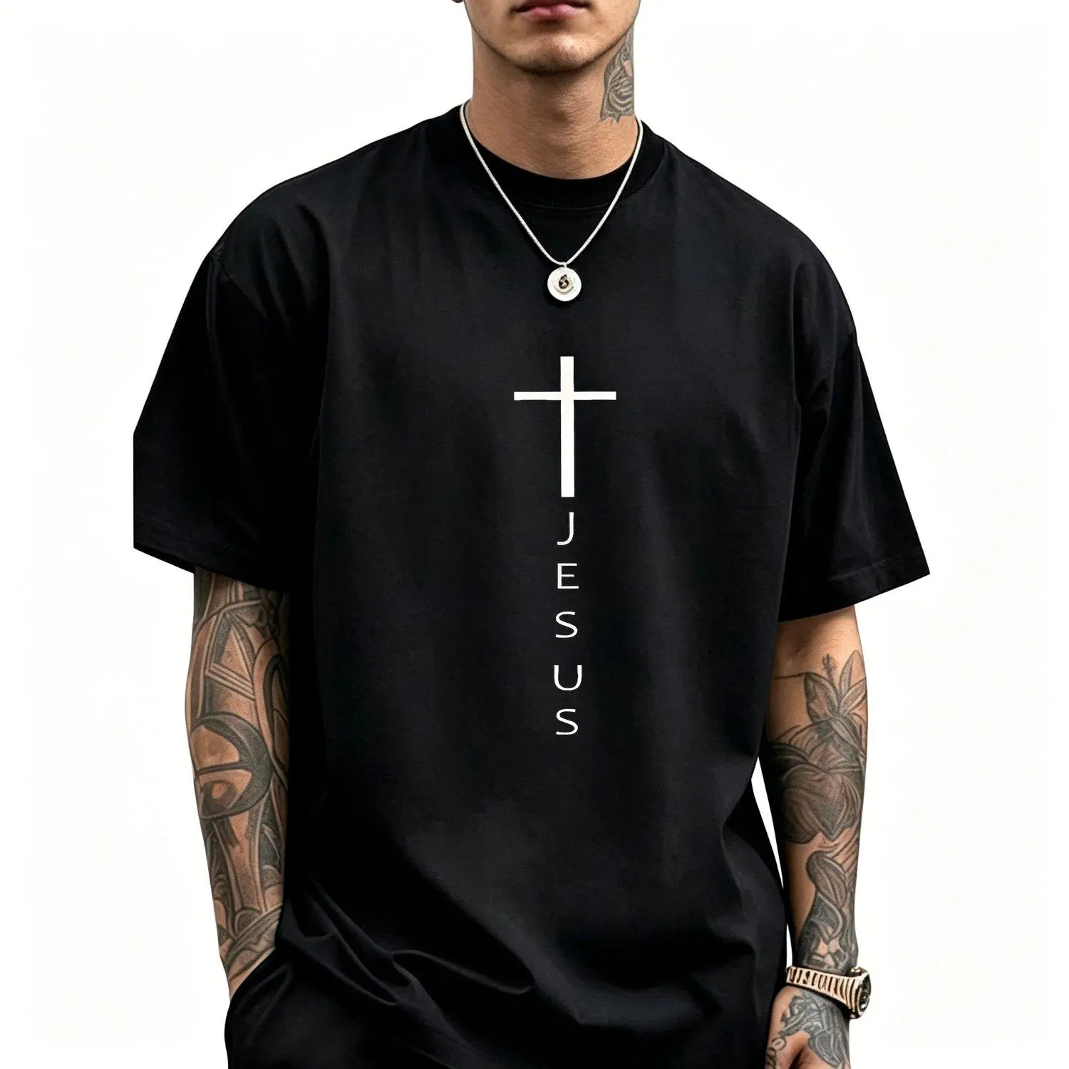 Jesus Cross and Name Print Soft Breathable Christian Church Outfit Short Sleeve Religious Tee with Jesus Lettering and Cross Design for Men Short Sleeve Sports T Shirt Durable Machine Washable Summer