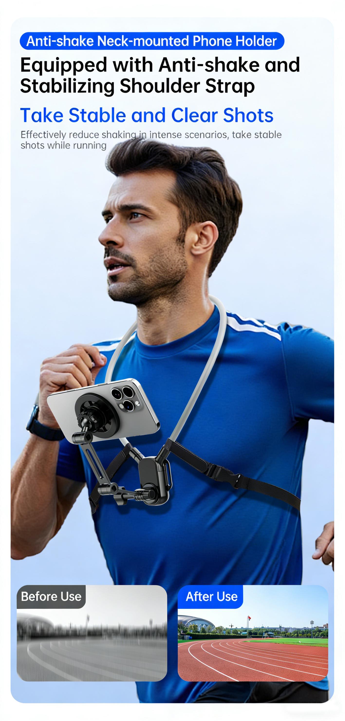 Magnetic Neck Mount Phone stand, Hands-Free Neck Strap Mount with Anti-Shake Stabilizer, 360° Rotatable POV Chest Harness for Vlogging, Running, TikTok & YouTube