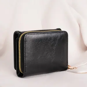 Ladies Compact Wallet, Slim Credit Card Holder with ID Card Window Women's Mini PU Leather Wallet - Compact 3-Fold Card Holder with Zipper Coin Pocket, Chic Solid Color Design for Daily Use - Trending Fashion Accessory
