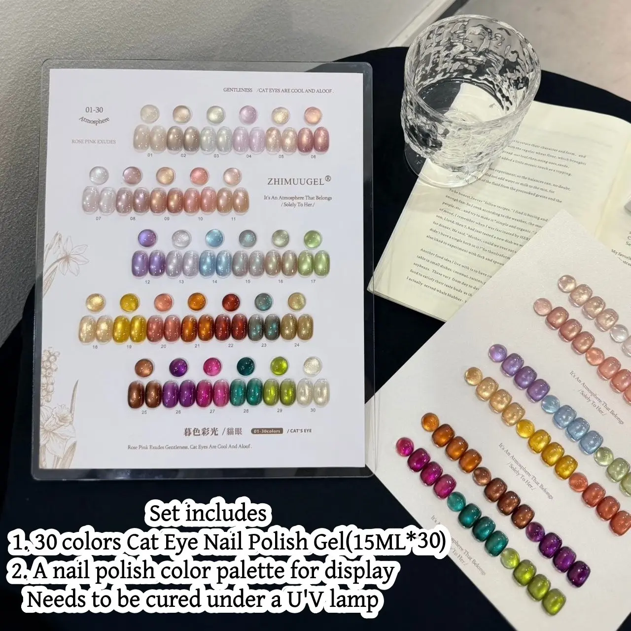 30 Color Cat Eye Gel Polish Set, Gel Formula, Manicure, Transparent Water-Like Effect, Bright Cat Eye Finish, Includes Color Palette for Nail Art Display, Gel Nail Polish Kit, UV Gel Set, Gel Nail Polish Sets